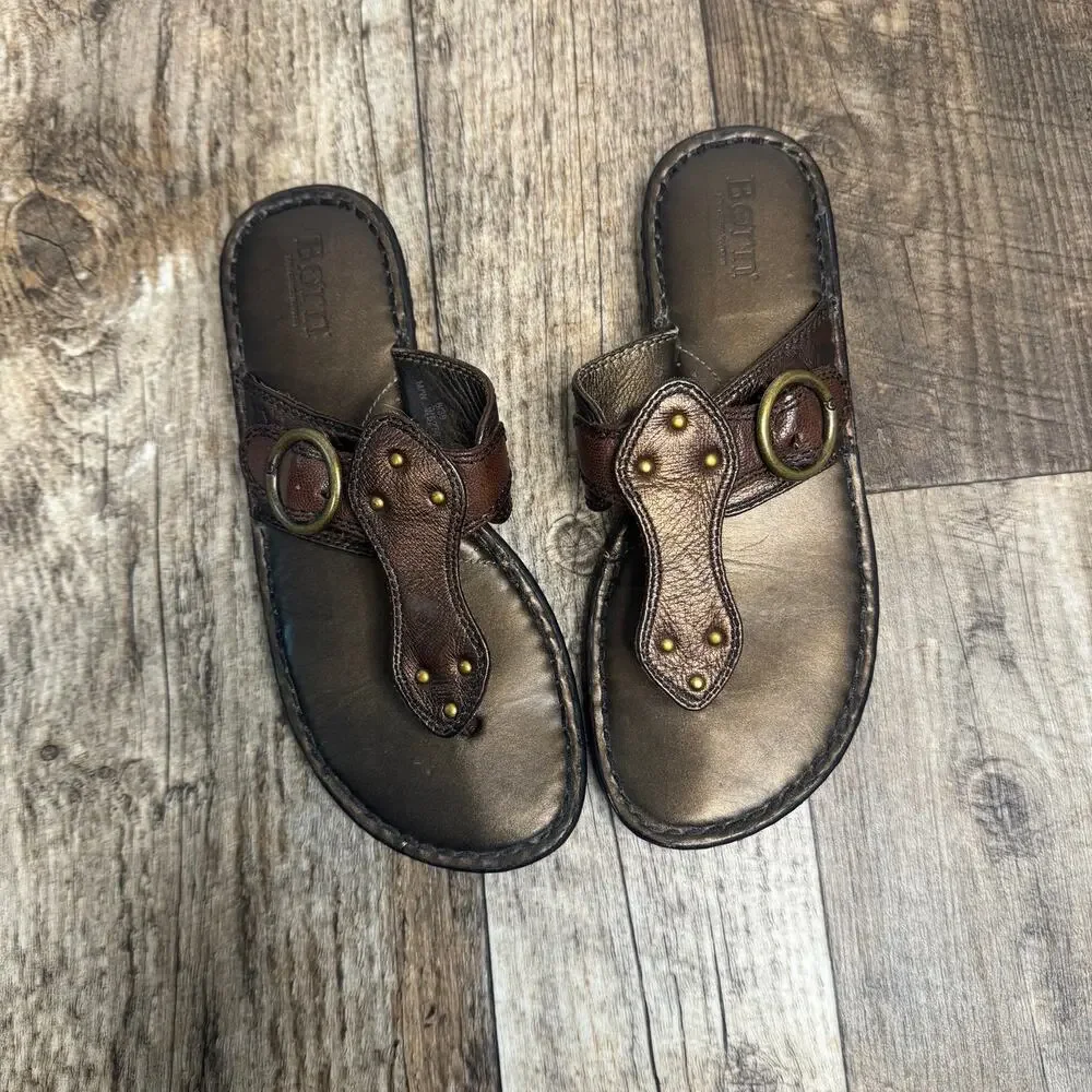 Born Leather Sandals Brown Thong Buckle Comfort Boho Womens 8 Summer Bronze